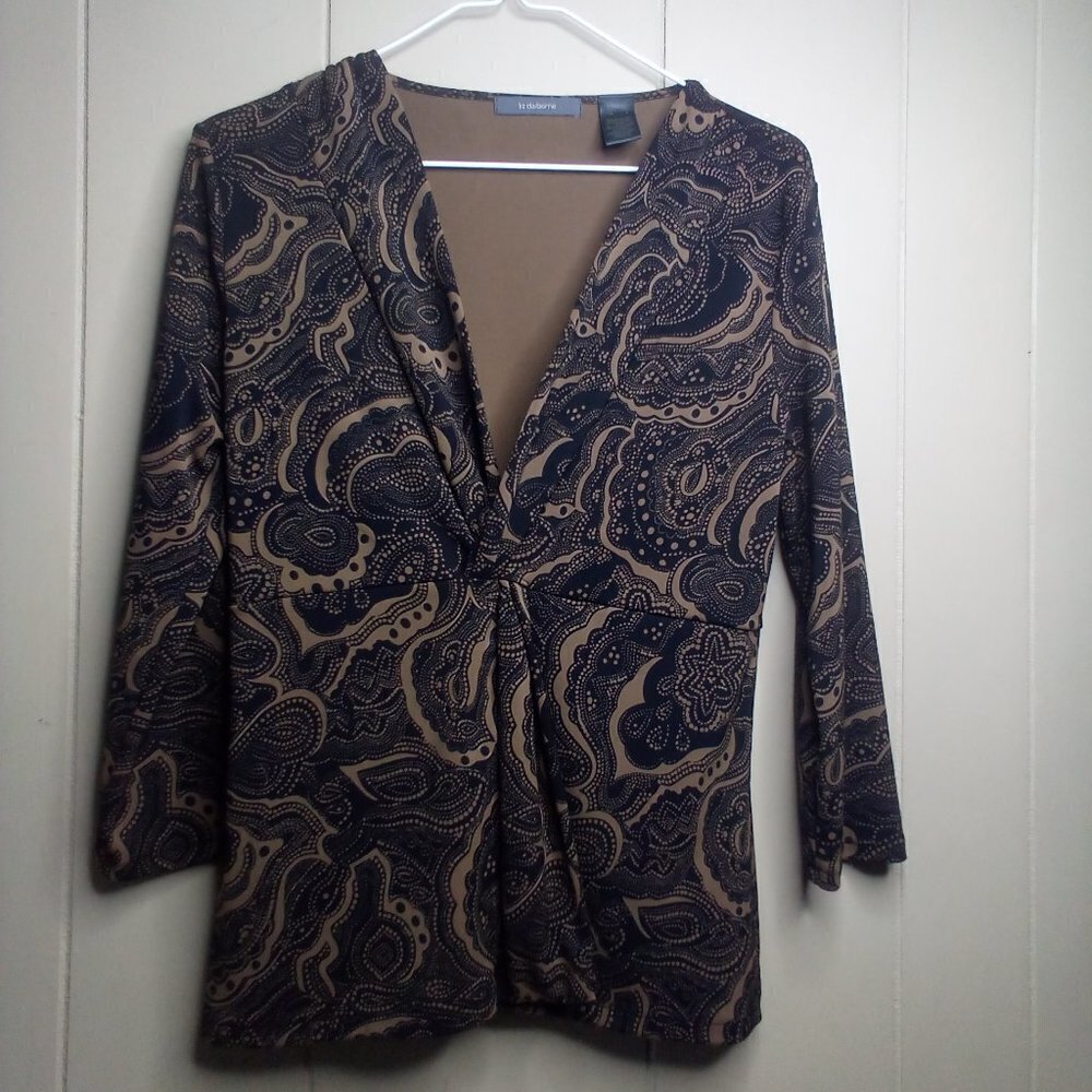 Liz Claiborne Blouse S V-Neck 3/4 Sleeve Patterned Black Brown